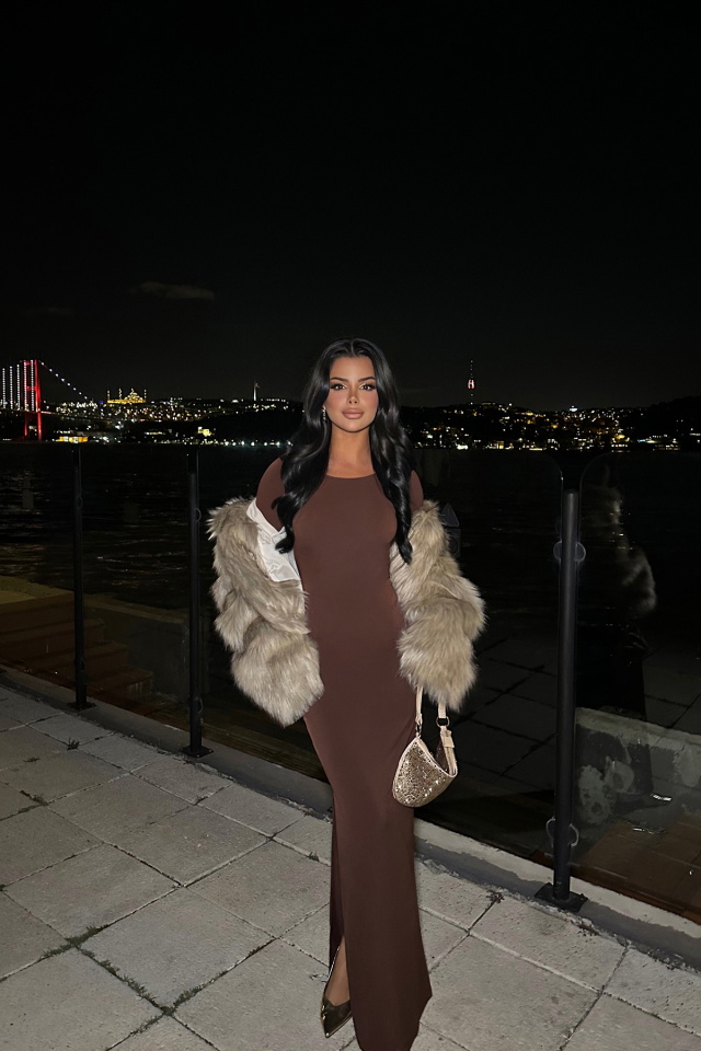 Kahverengi Uzun Kol Elbise ATE8504 