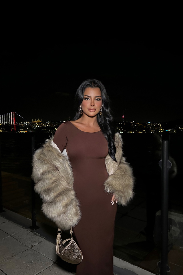 Kahverengi Uzun Kol Elbise ATE8504 - 5