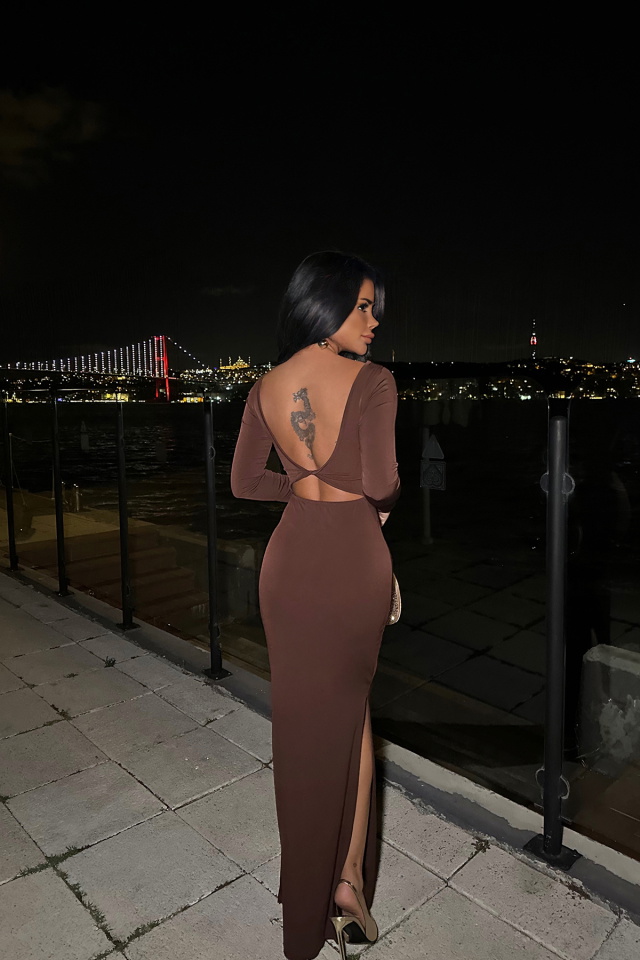Kahverengi Uzun Kol Elbise ATE8504 - 3