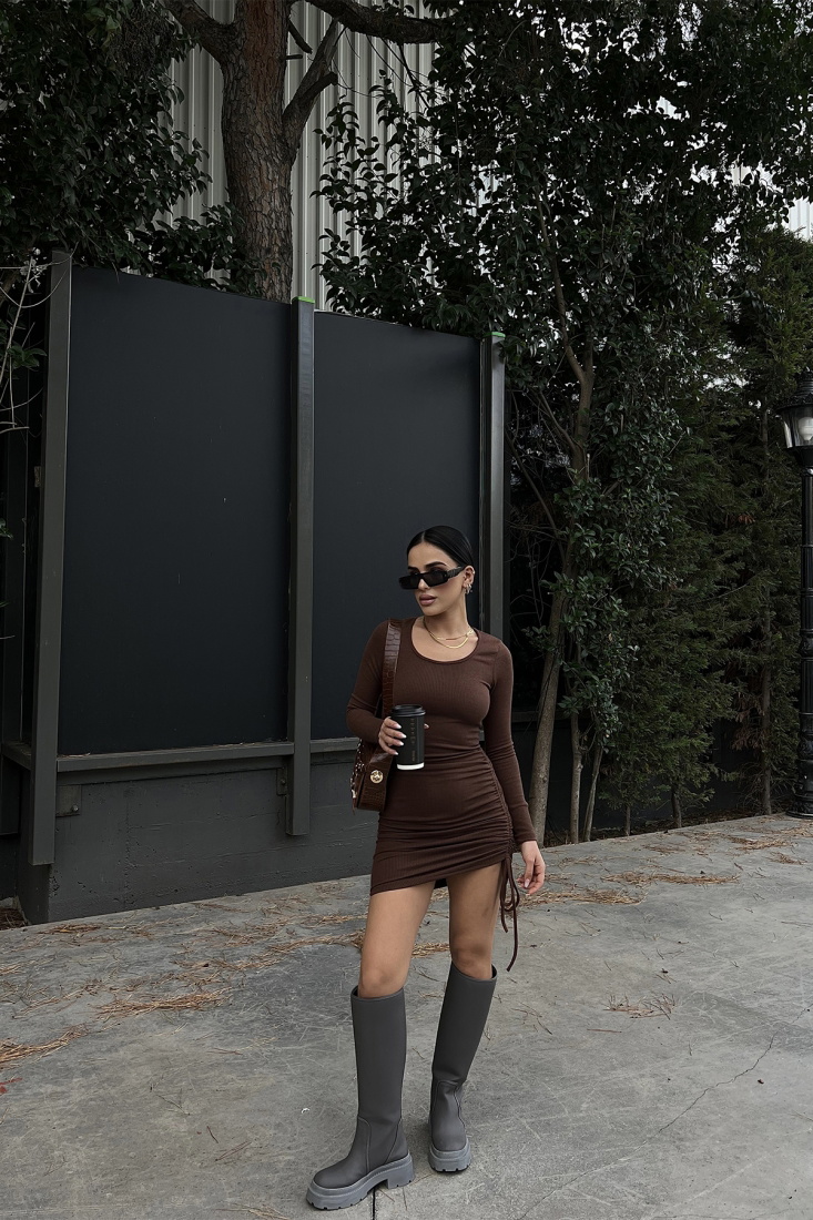 Kahverengi Yandan Bağlamalı Mini Elbise ATE3091 - EYYO