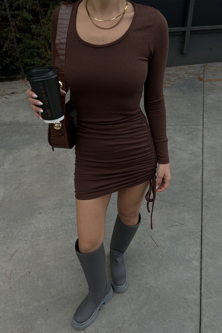 Kahverengi Yandan Bağlamalı Mini Elbise ATE3091 - EYYO