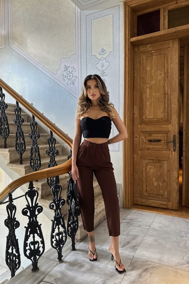 Kahverengi Yüksek Bel Mom Pantolon ATE6301 - EYYO