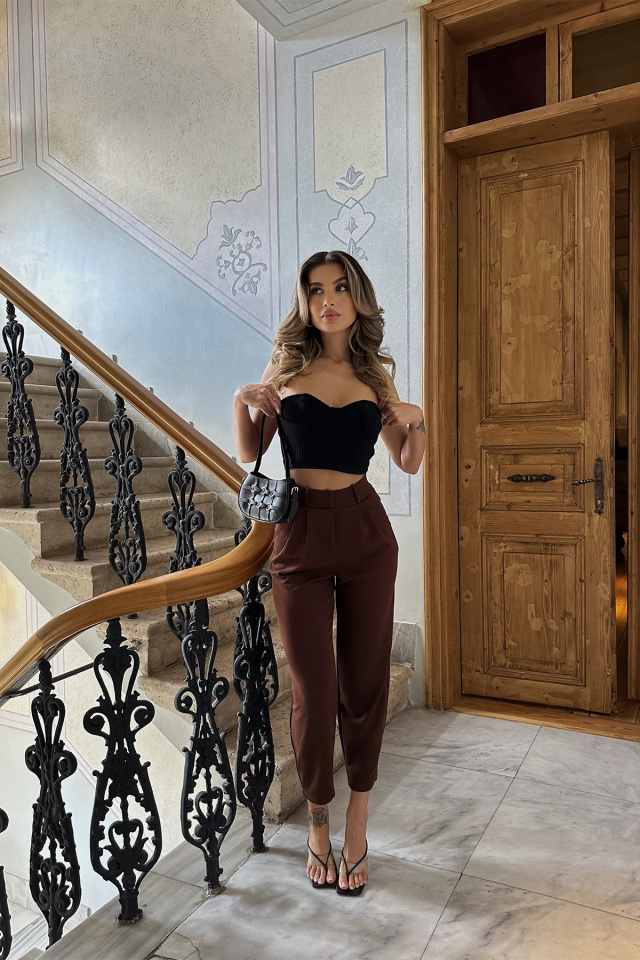 Kahverengi Yüksek Bel Mom Pantolon ATE6301 - 
