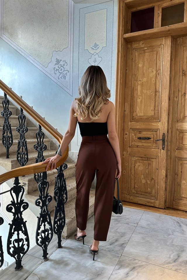 Kahverengi Yüksek Bel Mom Pantolon