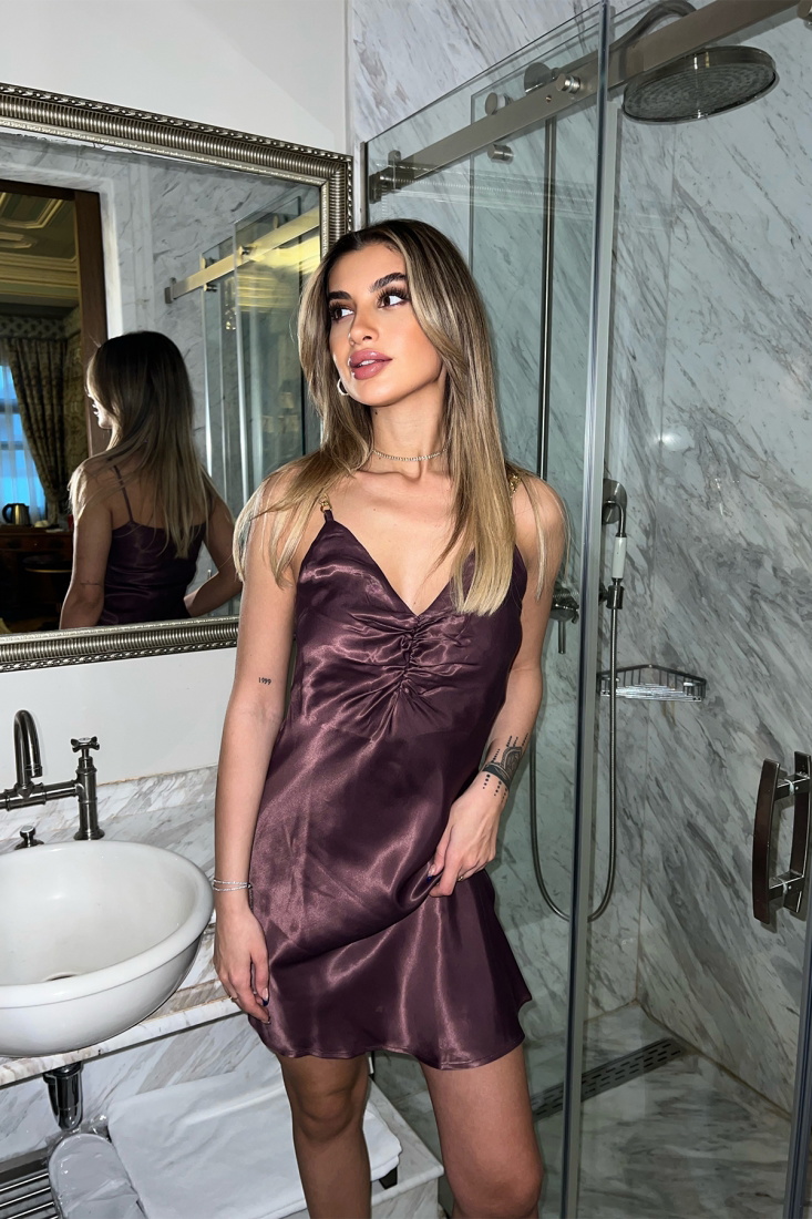 Kahverengi Zincir Detay Mini Elbise ATE3780 - 