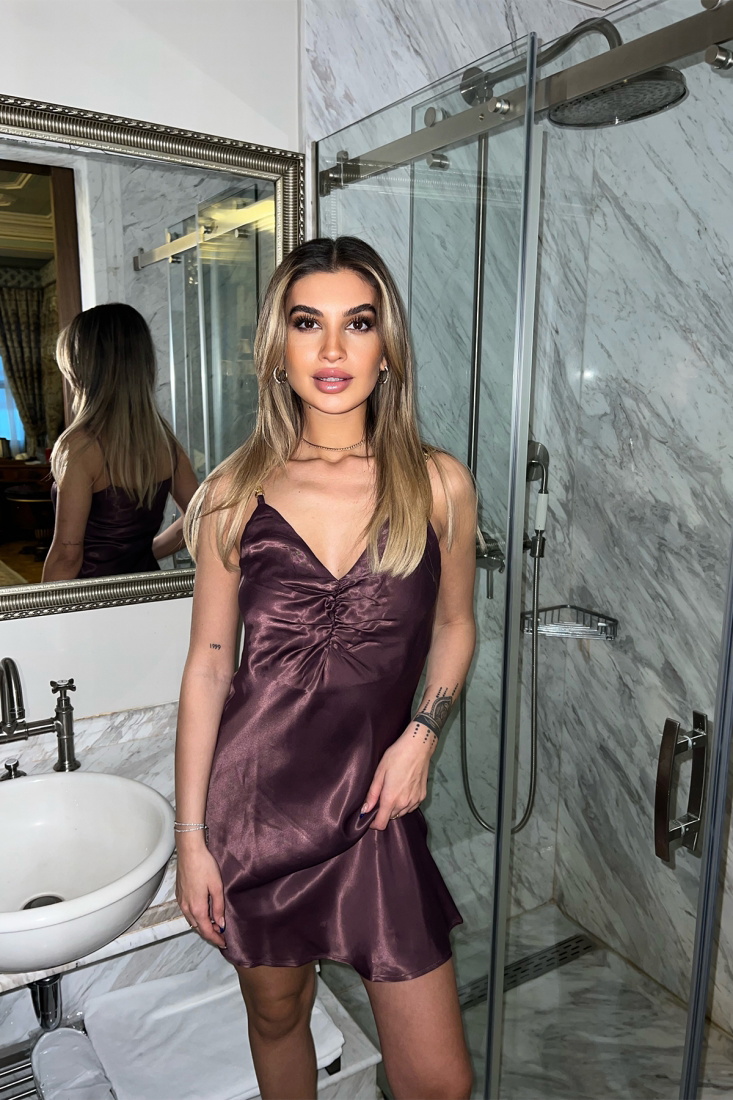 Kahverengi Zincir Detay Mini Elbise ATE3780 - 