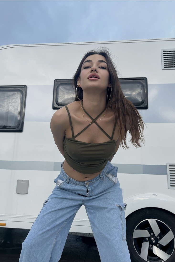 Khaki Back Detail Laced Crop Top ATE6706 - EYYO