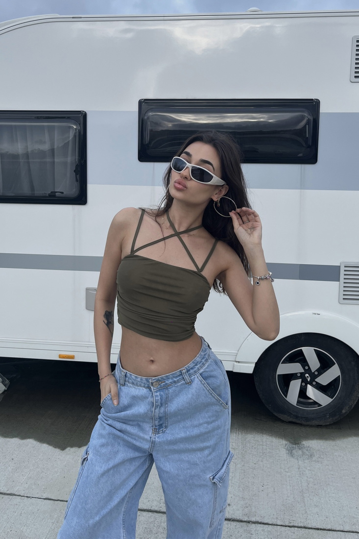 Khaki Back Detail Laced Crop Top ATE6706 - EYYO