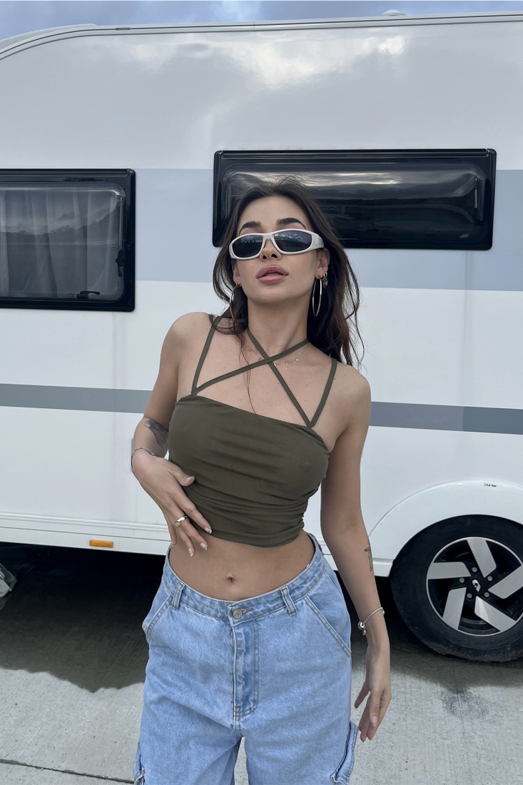 Khaki Back Detail Laced Crop Top ATE6706 - EYYO