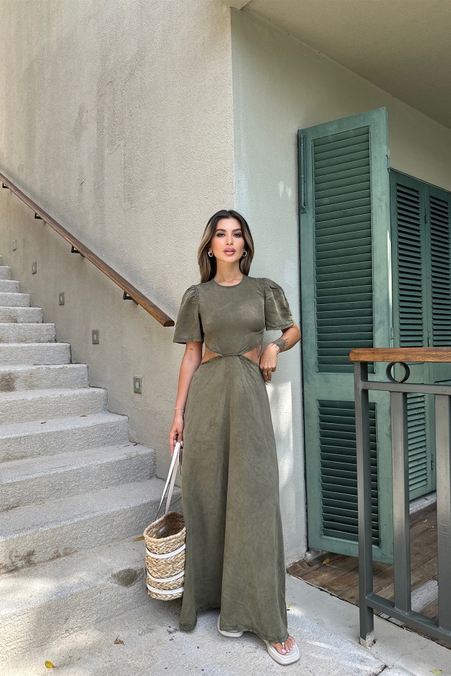 Khaki Back Detail Laced Dress ATE6170 - 1