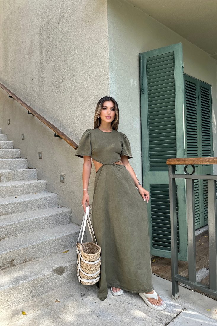 Khaki Back Detail Laced Dress ATE6170 - EYYO