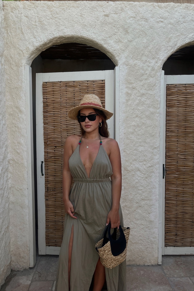 Khaki Slit Detail Laced Dress ATE1754 - 3