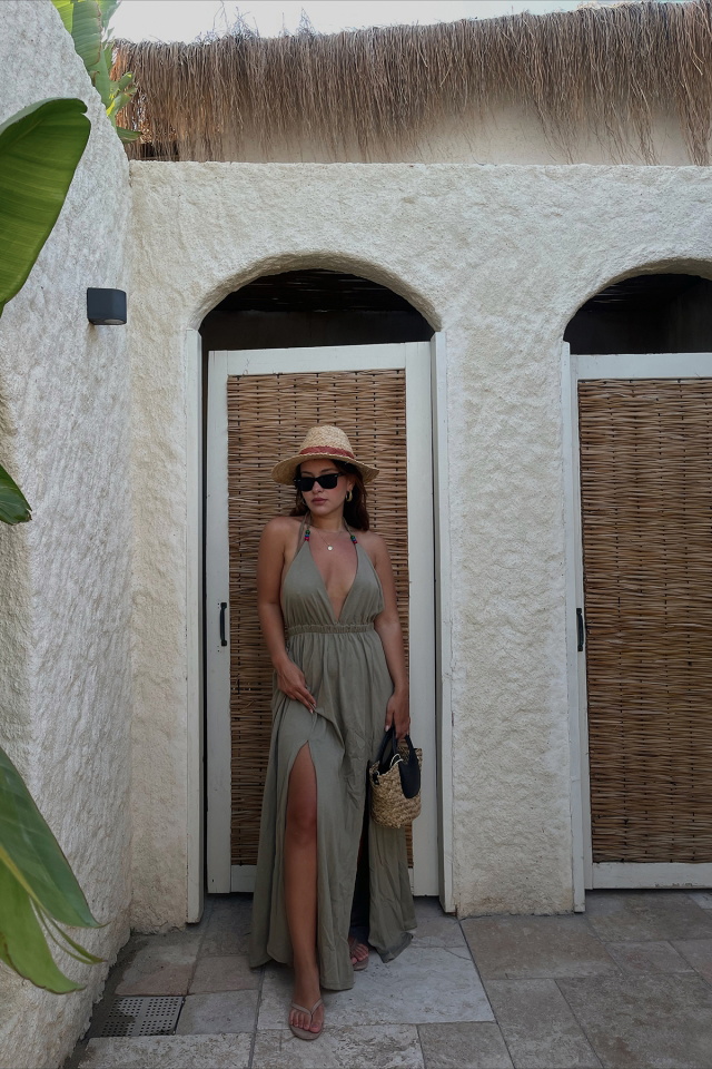 Khaki Slit Detail Laced Dress ATE1754 - 4