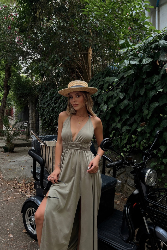 Khaki Slit Detail Laced Dress ATE1754 - 1