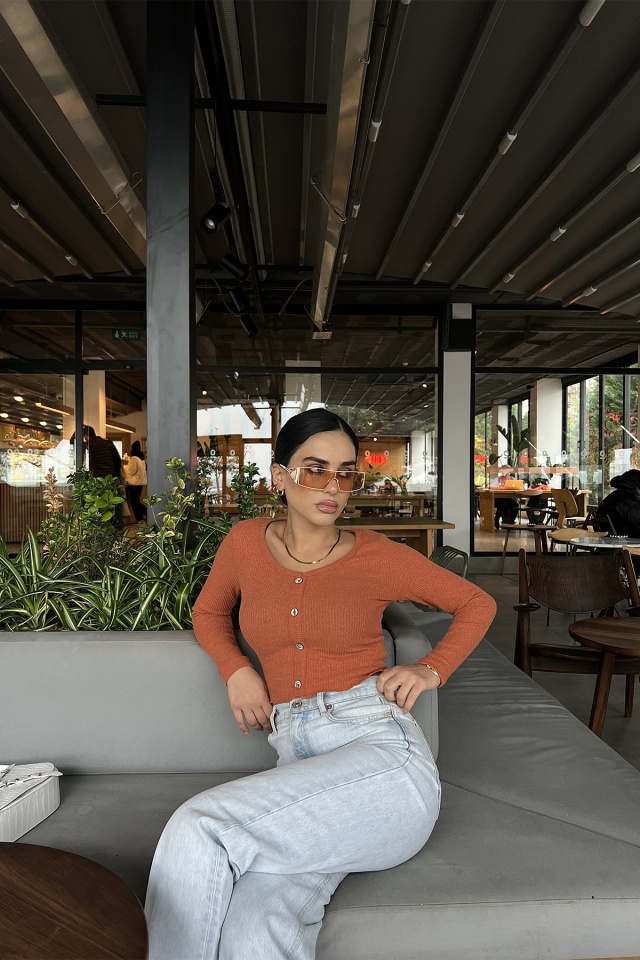 Kiremit Düğme Detay Crop Top ATE2833 - 1