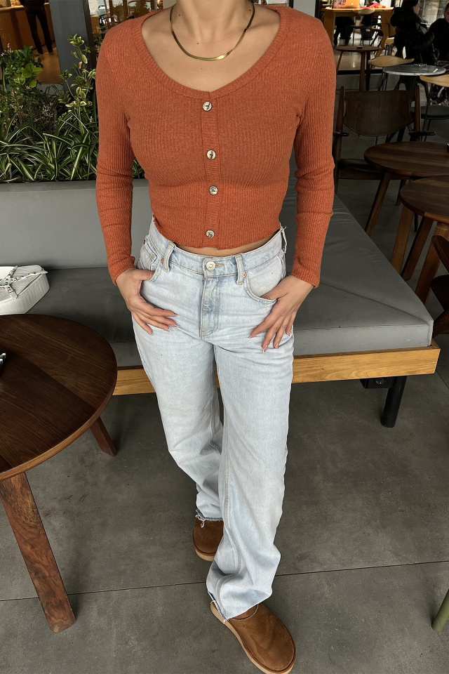 Kiremit Düğme Detay Crop Top ATE2833 - 2