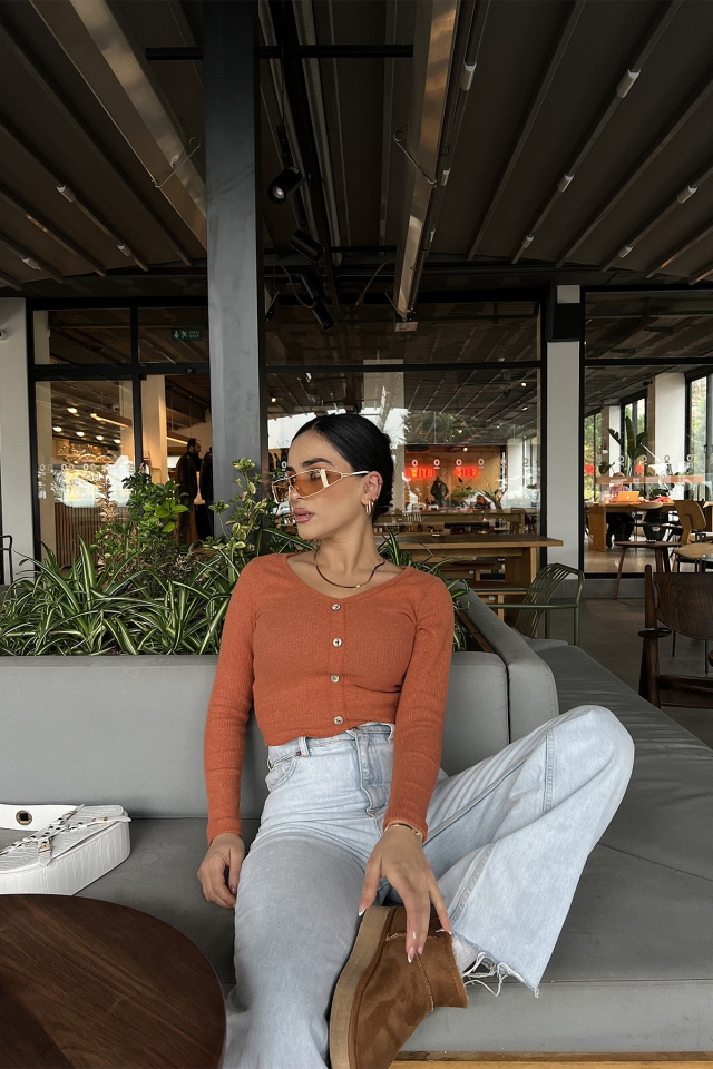 Kiremit Düğme Detay Crop Top ATE2833 - 4