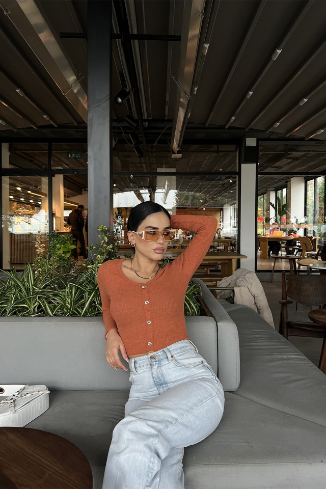 Kiremit Düğme Detay Crop Top ATE2833 - 5