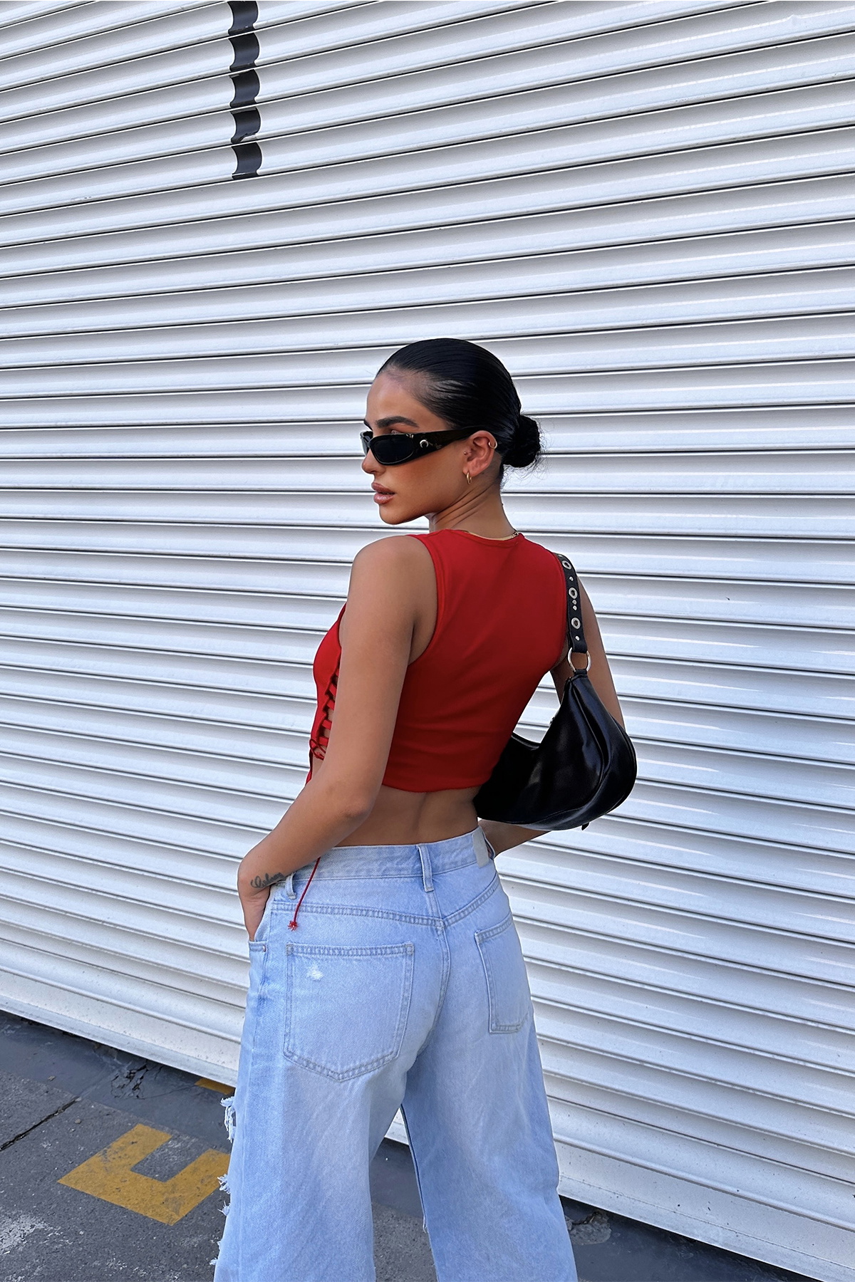 Kırmızı Askılı Bağlamalı Crop Top - 5