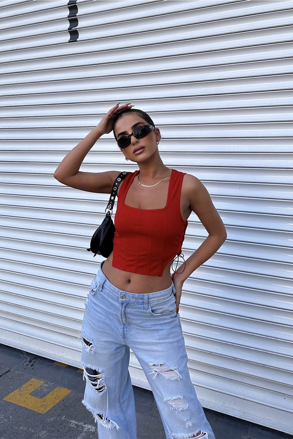 Kırmızı Askılı Bağlamalı Crop Top - 4