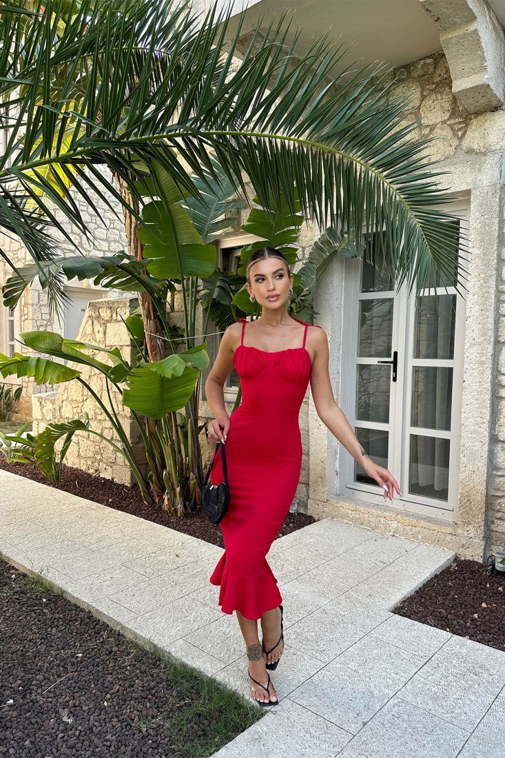 Kırmızı Askılı Bağlamalı Uzun Elbise ATE7618 - EYYO