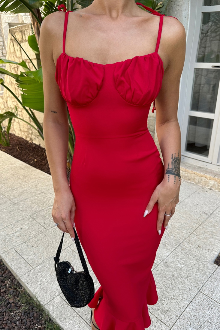 Kırmızı Askılı Bağlamalı Uzun Elbise ATE7618 - EYYO