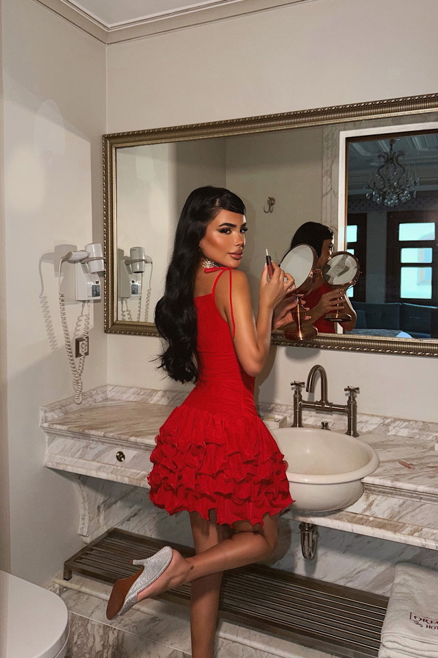 Kırmızı Askılı Fırfırlı Mini Elbise ATE-4834 - 5