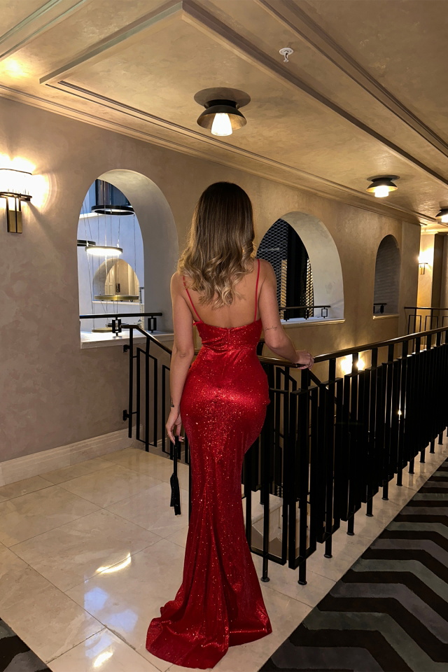 Kırmızı Askılı Simli Uzun Abiye Elbise ATE6507 - 5