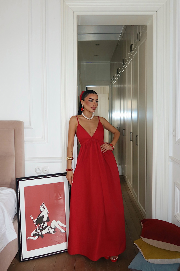 Kırmızı Askılı Uzun Elbise ATE-1375 - EYYO