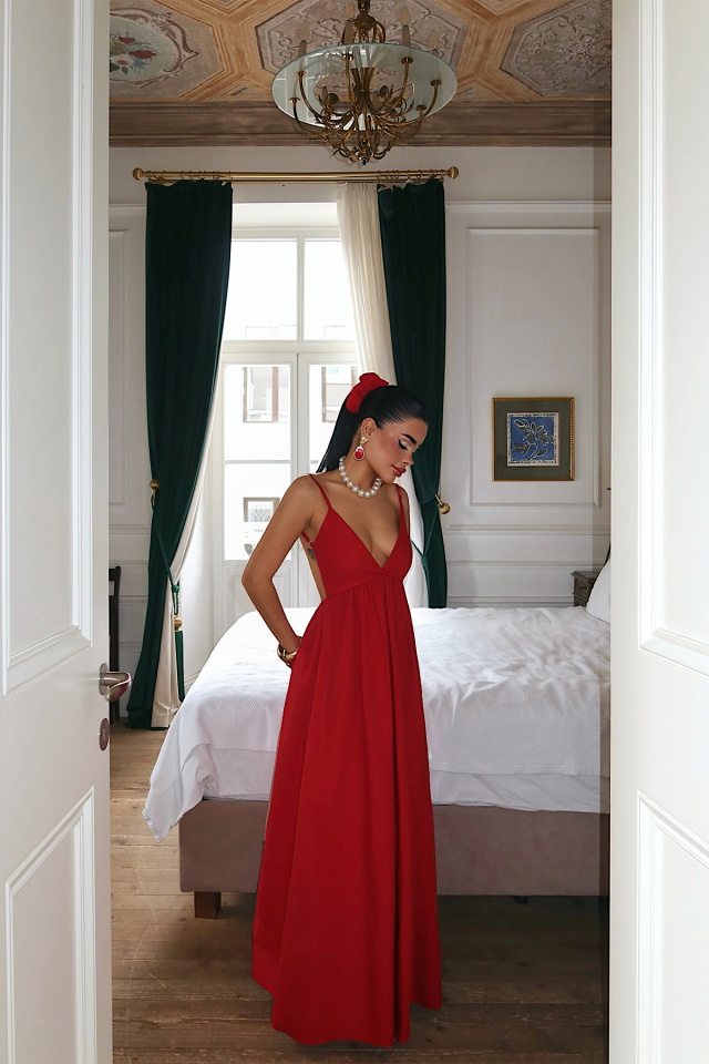 Kırmızı Askılı Uzun Elbise ATE-1375 - 4