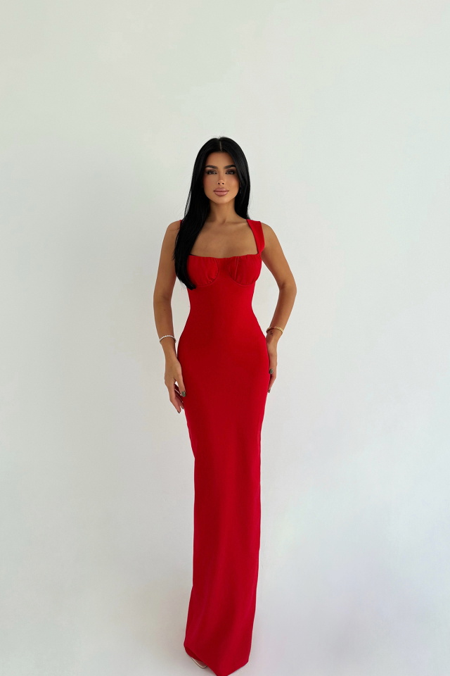 Kırmızı Shawly Uzun Elbise ATE-3470 