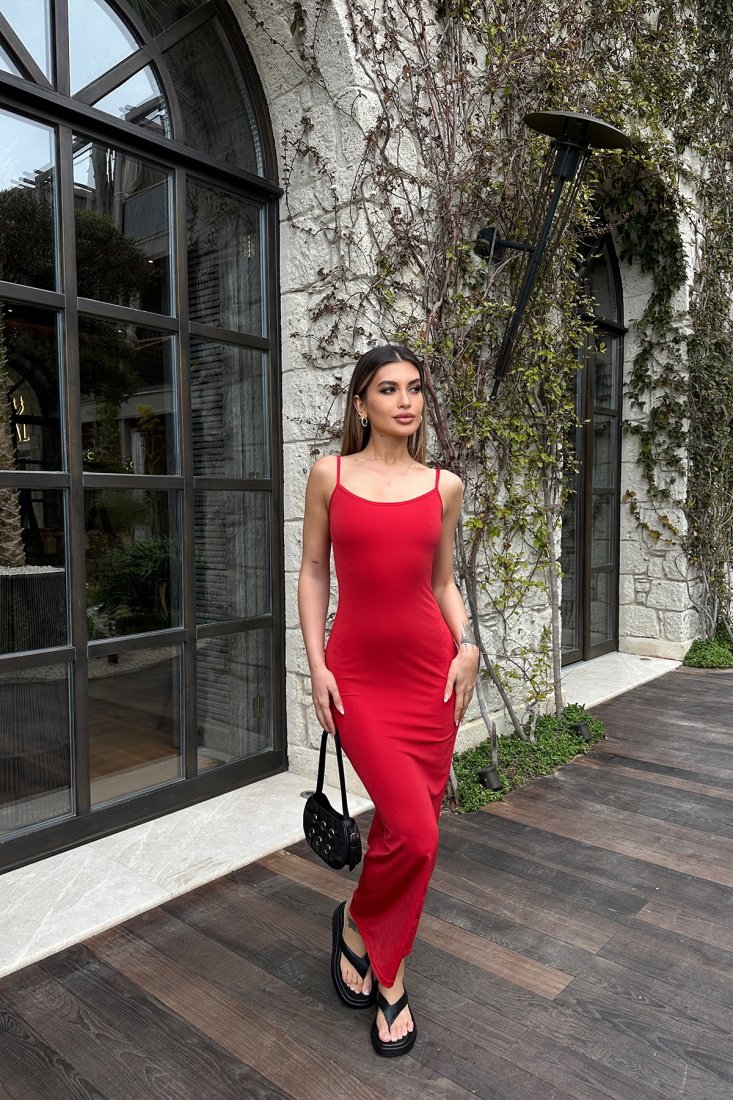 Kırmızı Askılı Uzun Elbise ATE6128 - EYYO