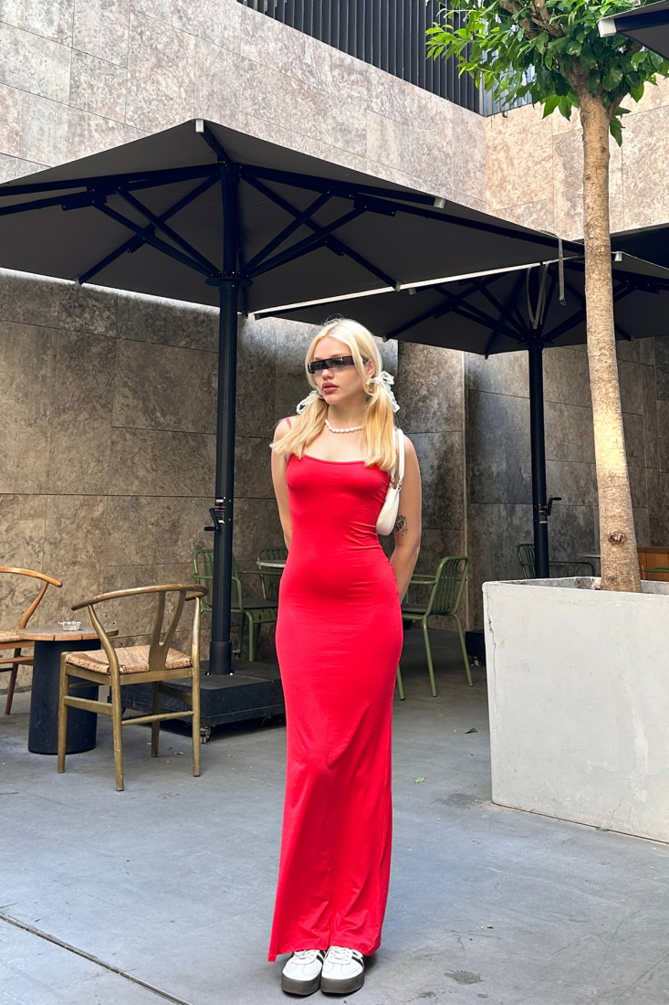 Kırmızı Askılı Uzun Elbise ATE7562 - EYYO