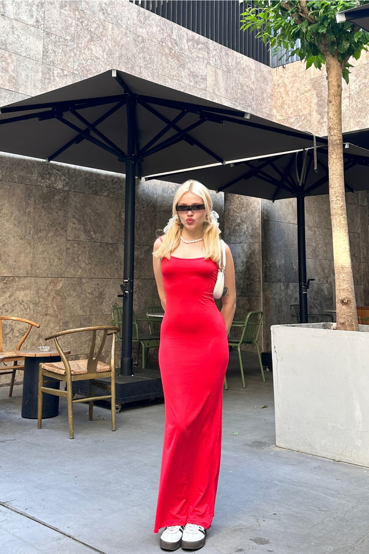 Kırmızı Askılı Uzun Elbise ATE7562 - EYYO