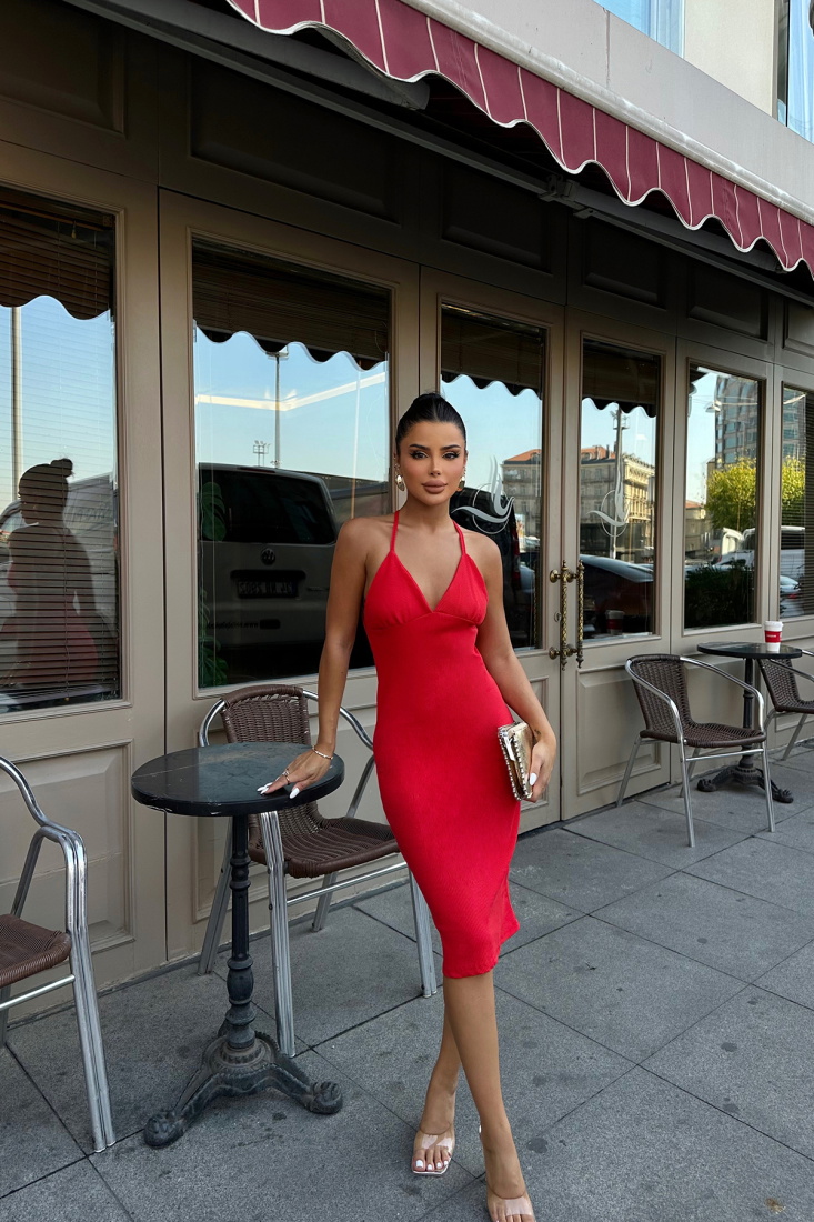 Kırmızı Askılı Midi Elbise ATE8170 - EYYO