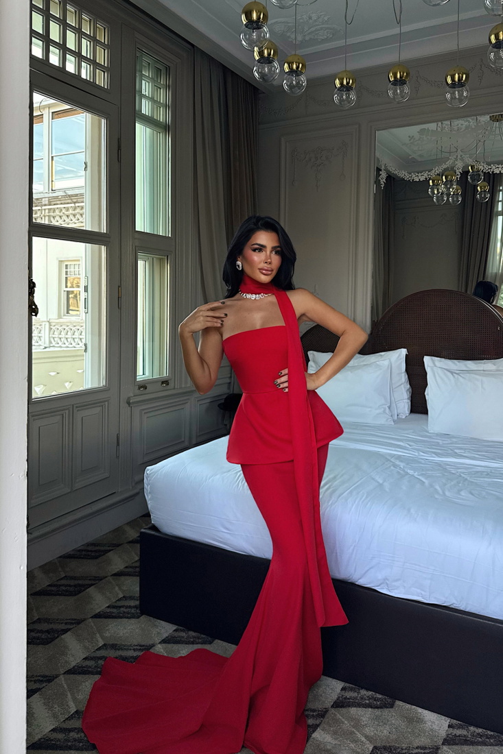 Kırmızı Benedita Uzun Fularlı Elbise ATE-3524 - EYYO