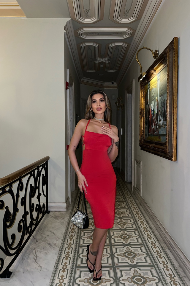 Kırmızı Bağlamalı Midi Elbise ATE4305 - 4