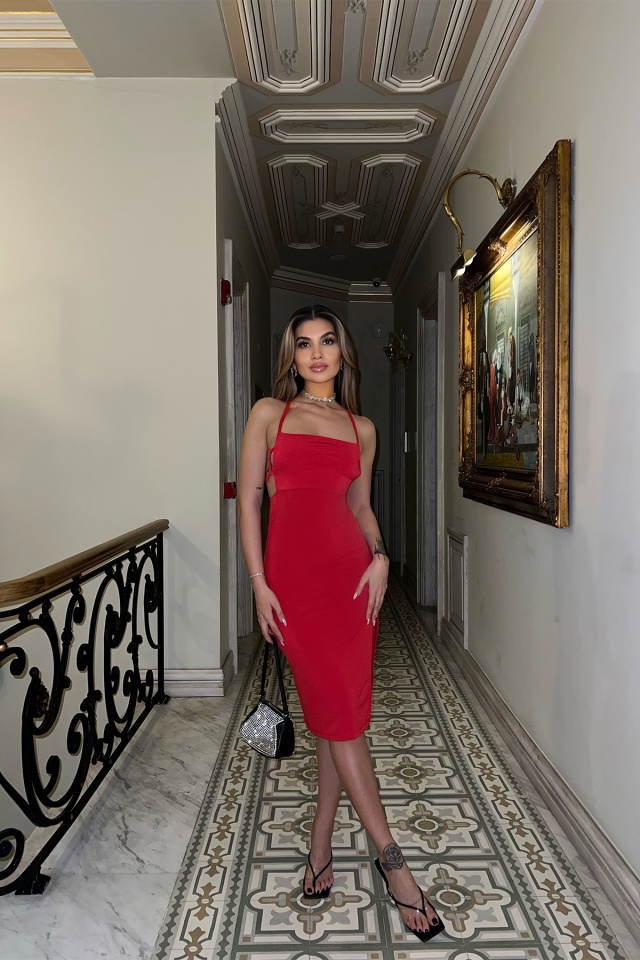 Kırmızı Bağlamalı Midi Elbise ATE4305 - 5