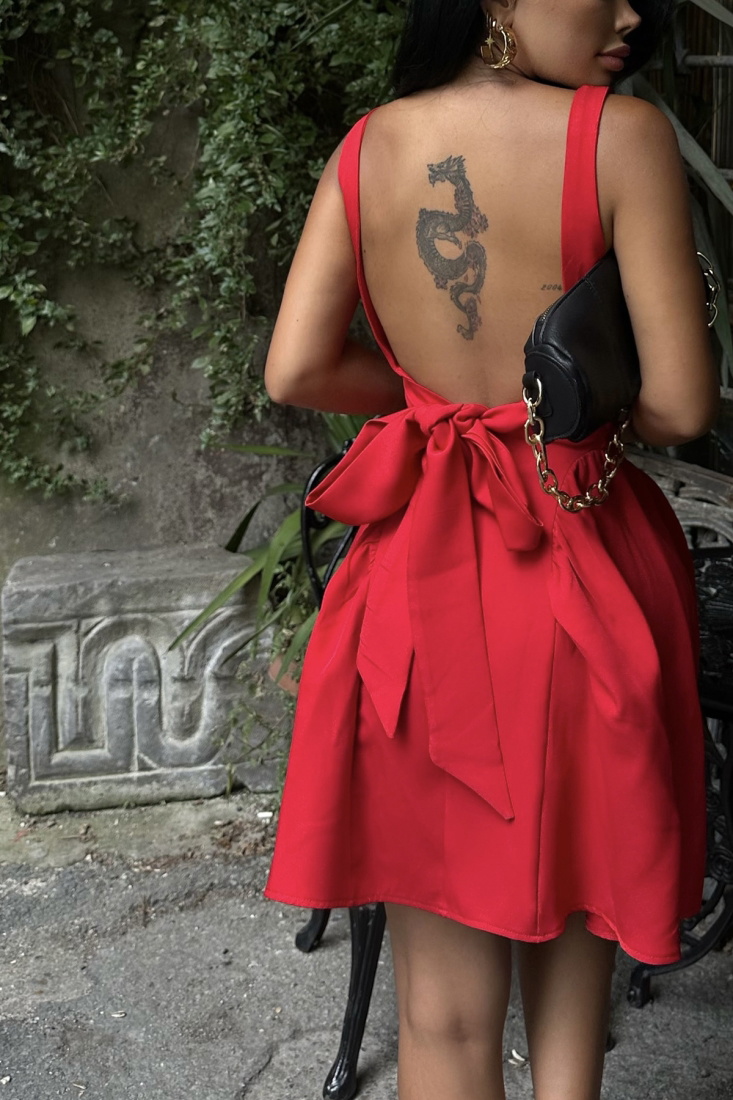 Kırmızı Bağlamalı Mini Elbise ATE7567 - EYYO