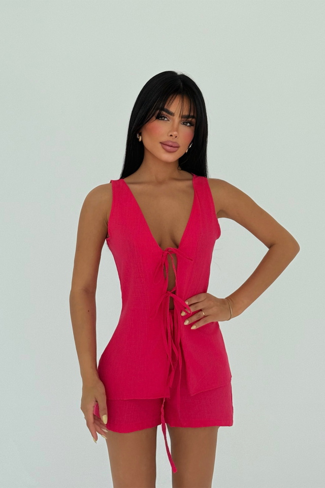 Kırmızı Luiza Mini Keten Bağlamalı Takım ATE-2961 