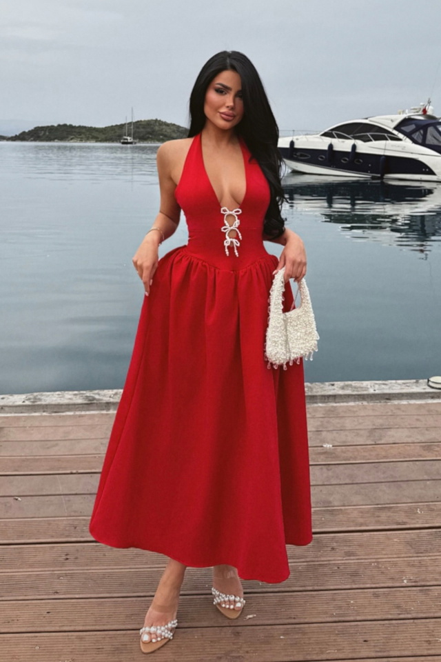 Kırmızı Ballerina İncili Fiyonk Detay Elbise ATE-2556 - 2