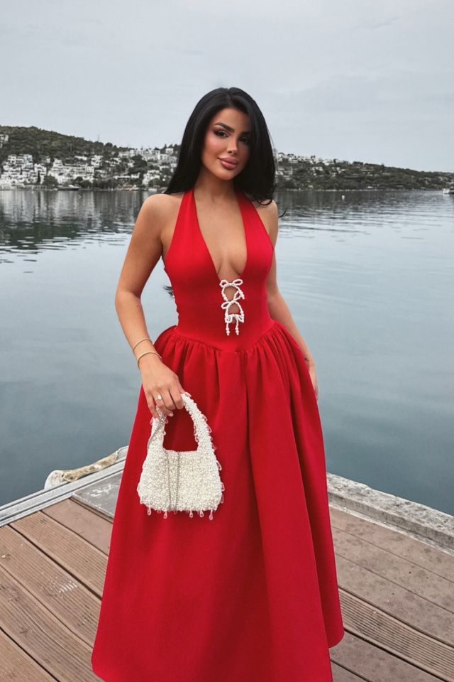 Kırmızı Ballerina İncili Fiyonk Detay Elbise ATE-2556 - 4