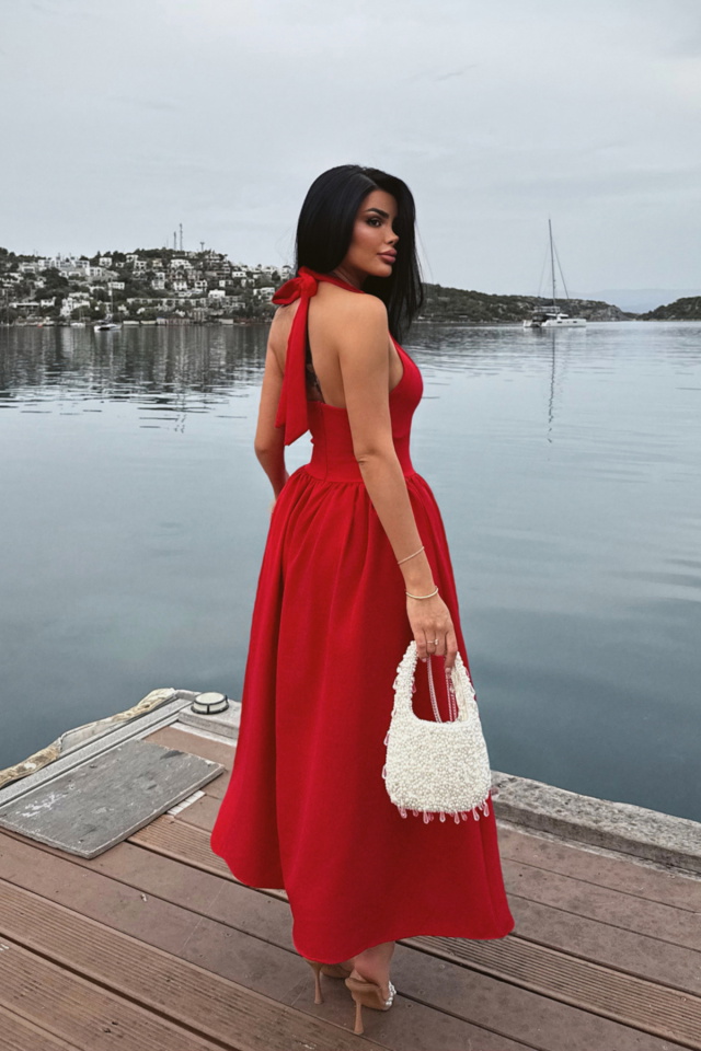 Kırmızı Ballerina İncili Fiyonk Detay Elbise ATE-2556 - 5