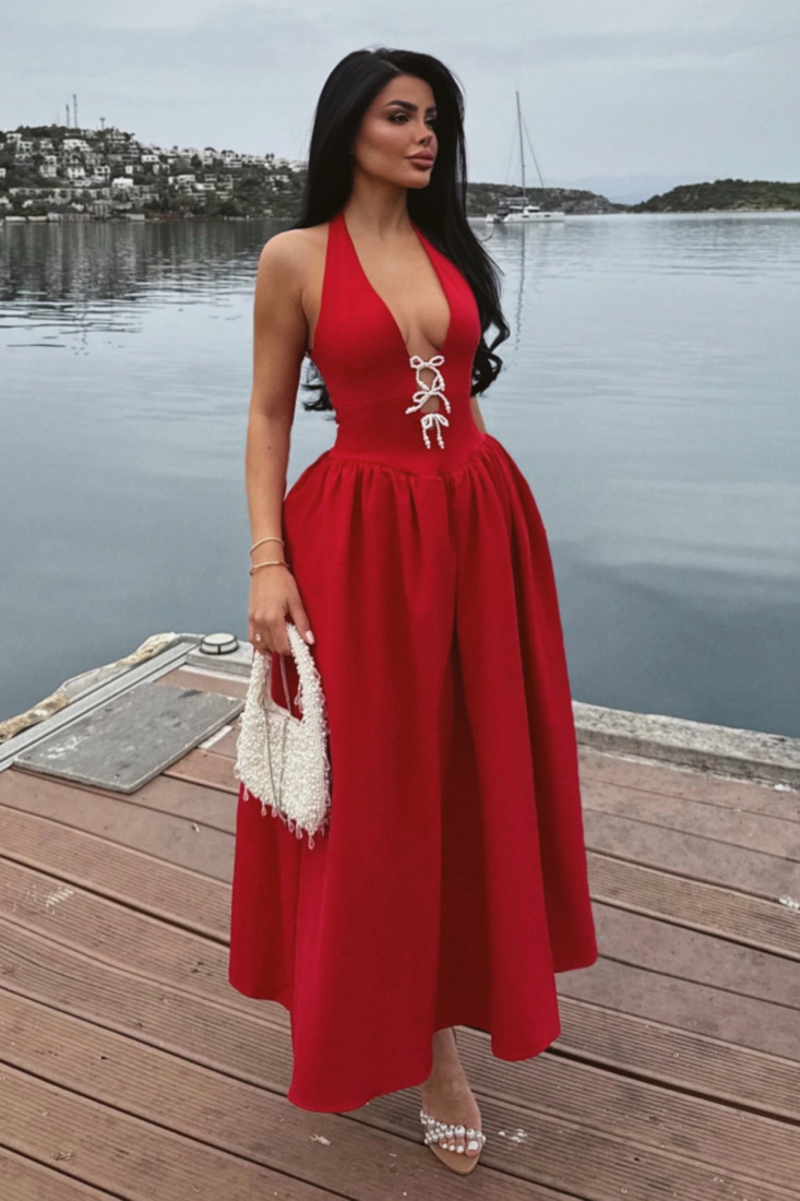 Kırmızı Ballerina İncili Fiyonk Detay Elbise ATE-2556 - EYYO