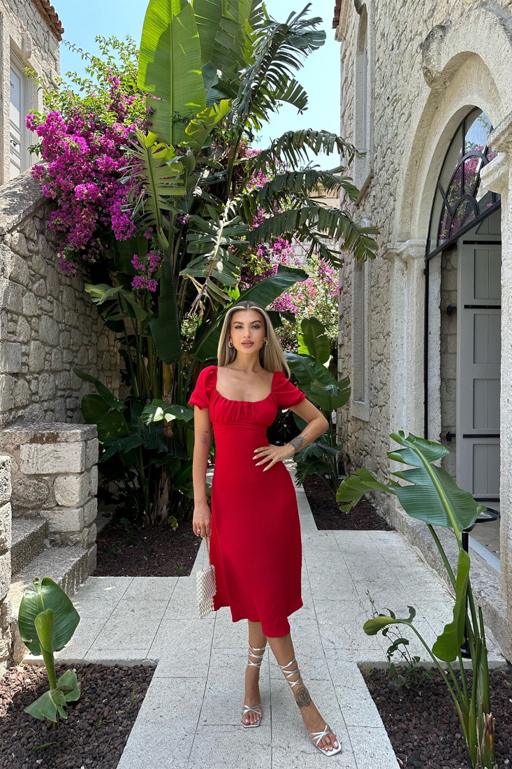 Kırmızı Bağlamalı Uzun Elbise ATE7623 - EYYO