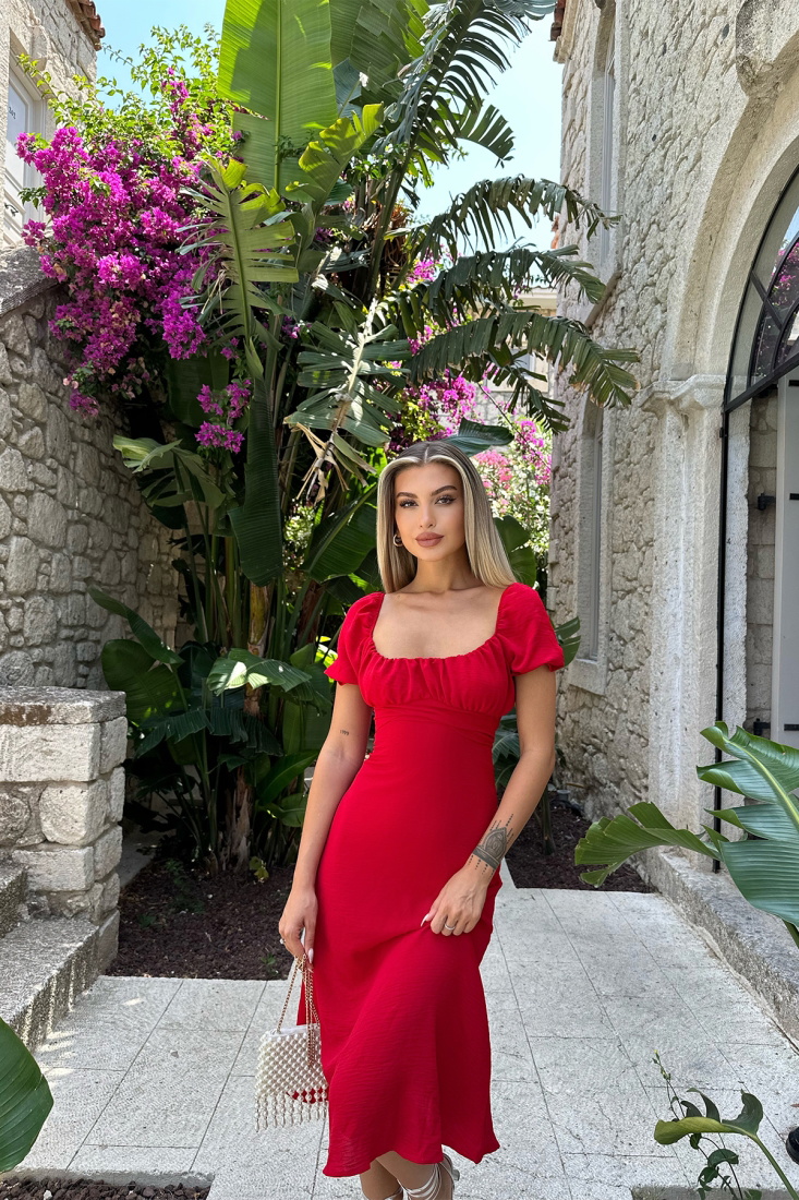 Kırmızı Bağlamalı Uzun Elbise ATE7623 - EYYO