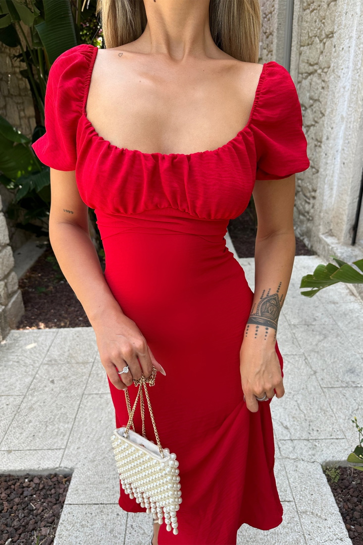 Kırmızı Bağlamalı Uzun Elbise ATE7623 - EYYO