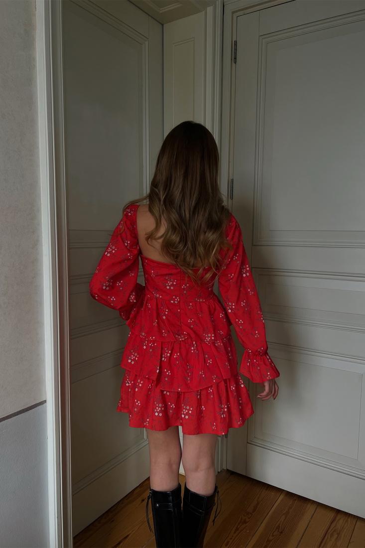 Kırmızı Balon Kol Mini Elbise ATE3564 - EYYO