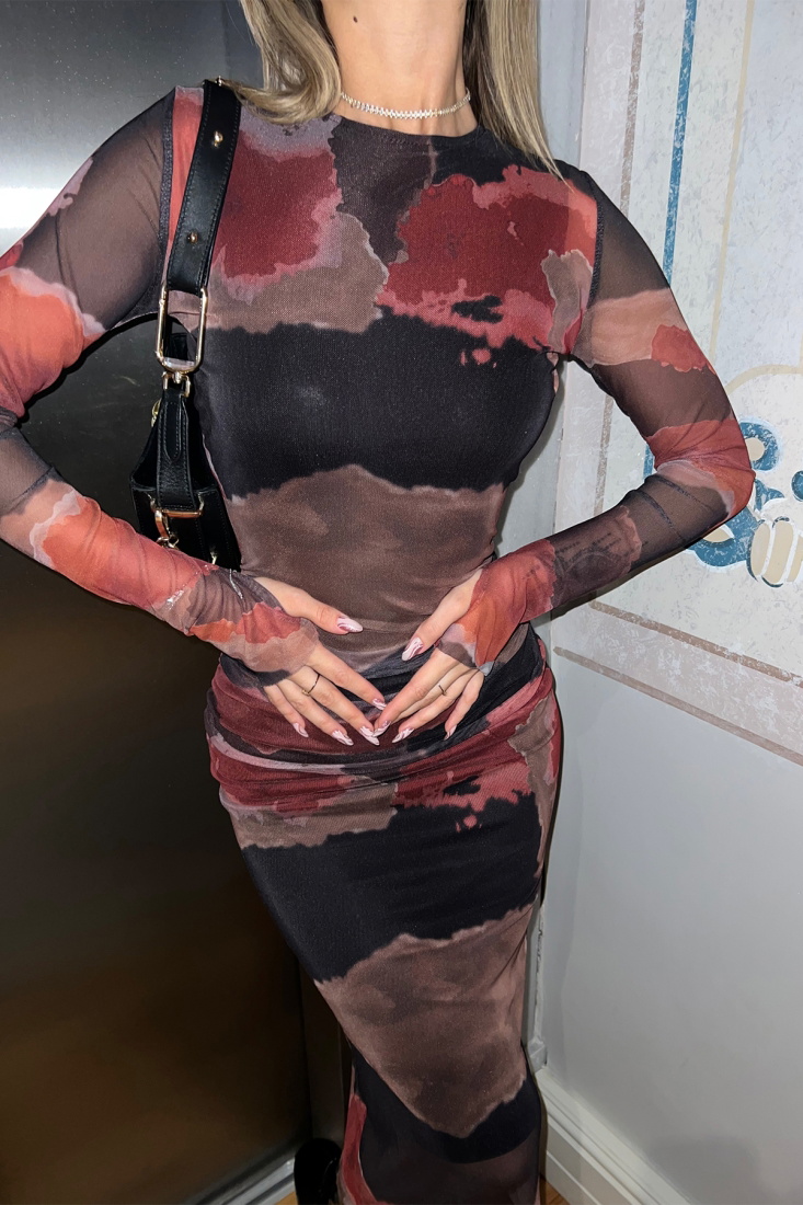 Kırmızı Batik Desen Uzun Elbise ATE3861 - EYYO