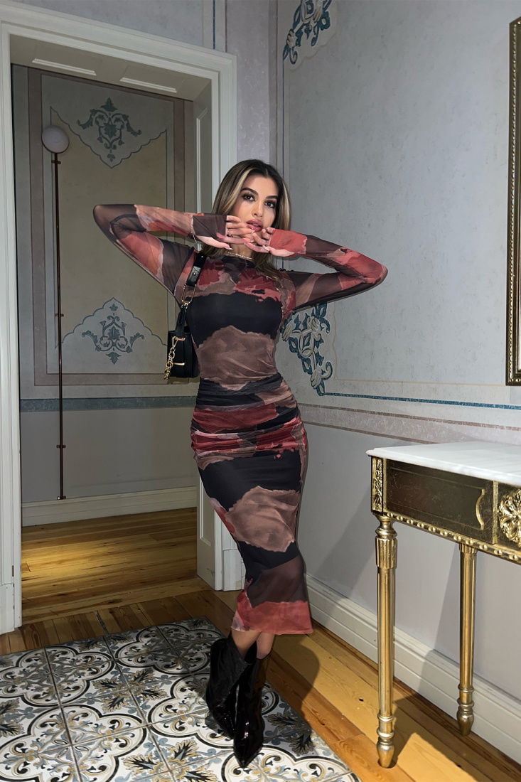 Kırmızı Batik Desen Uzun Elbise ATE3861 - EYYO